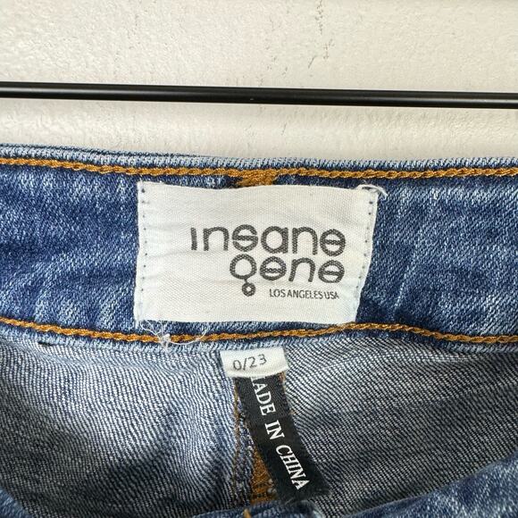 Insane Gene Medium Wash High Rise Distressed Frayed Hem Flare Jeans - Picture 8 of 10